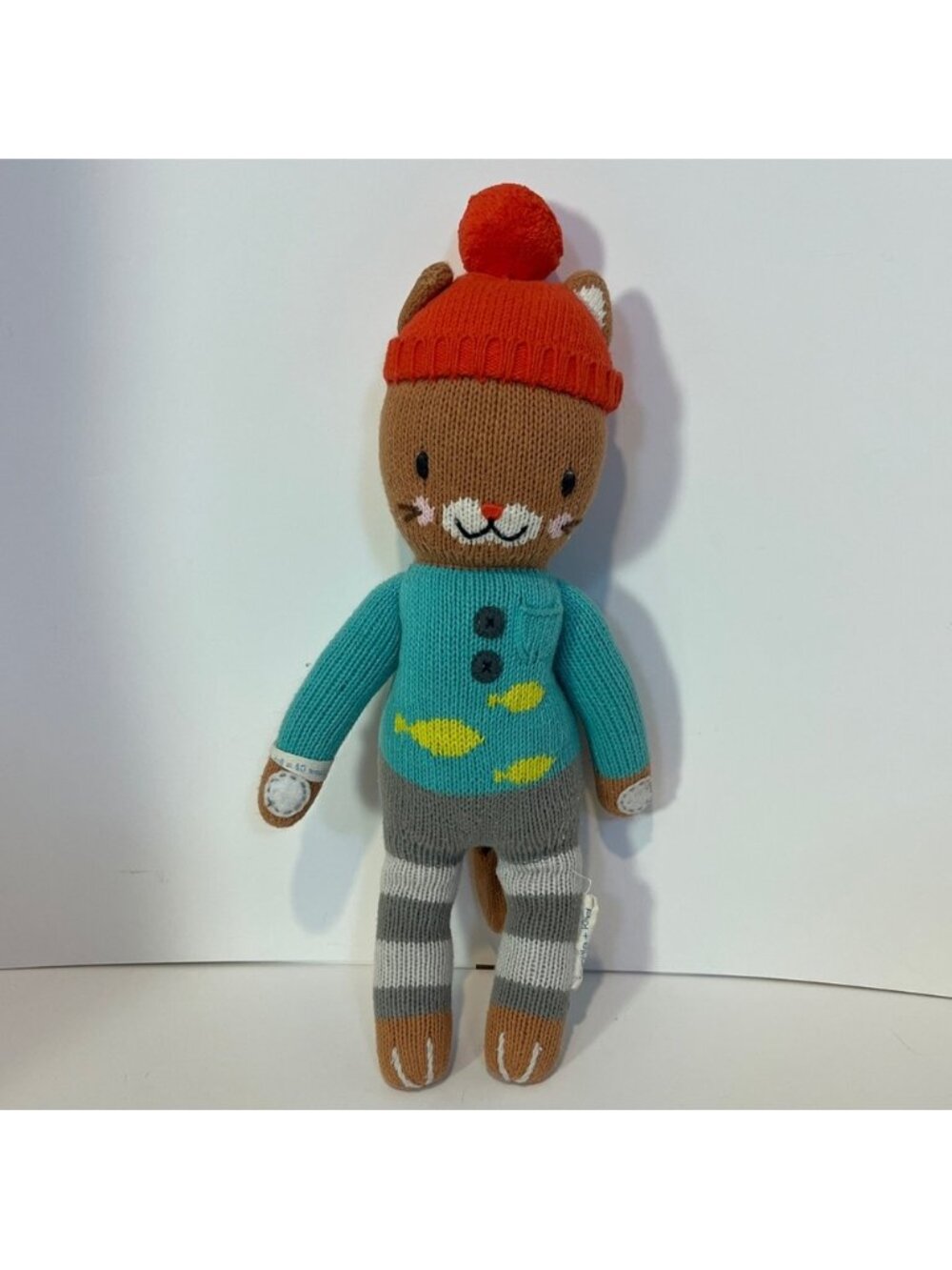Cuddle + Kind Maximus Cat Plush Stuffed Animal Knit Handmade in Peru Fish Shirt
